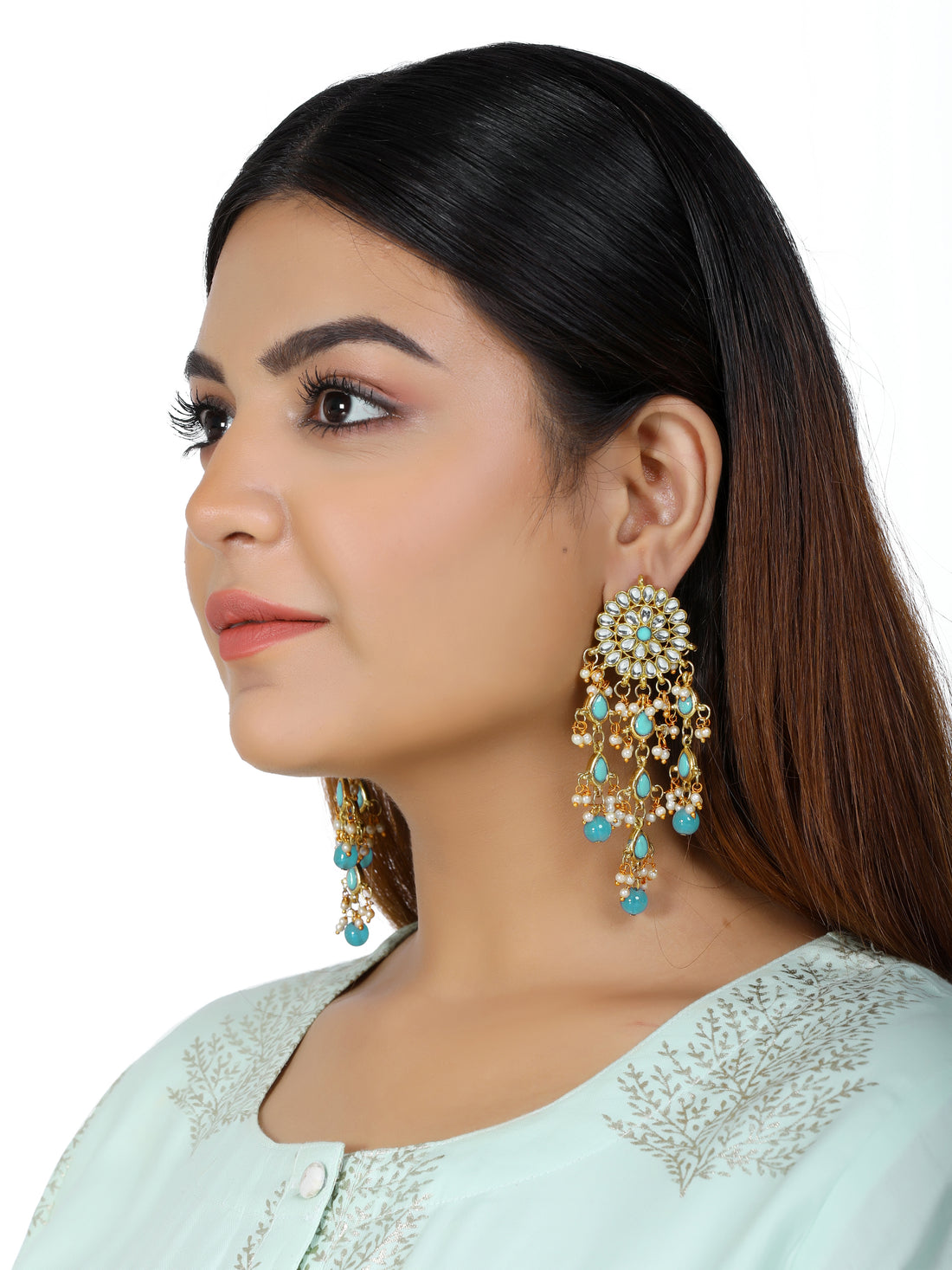 Kundan Mint Blue Tassel Earrings