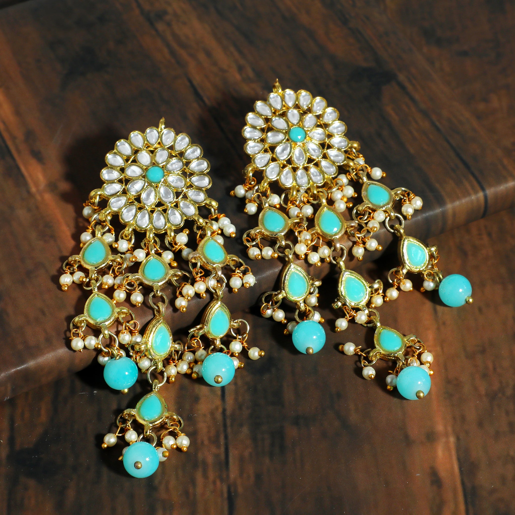 Kundan Mint Blue Tassel Earrings