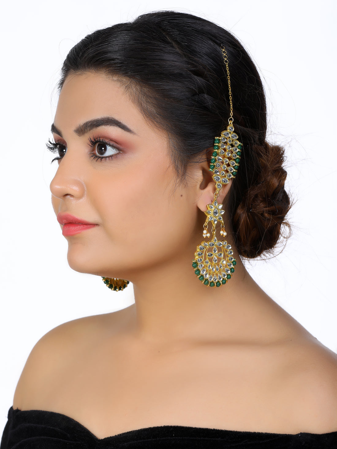 Kundan Dark Green Kaanchain Earrings