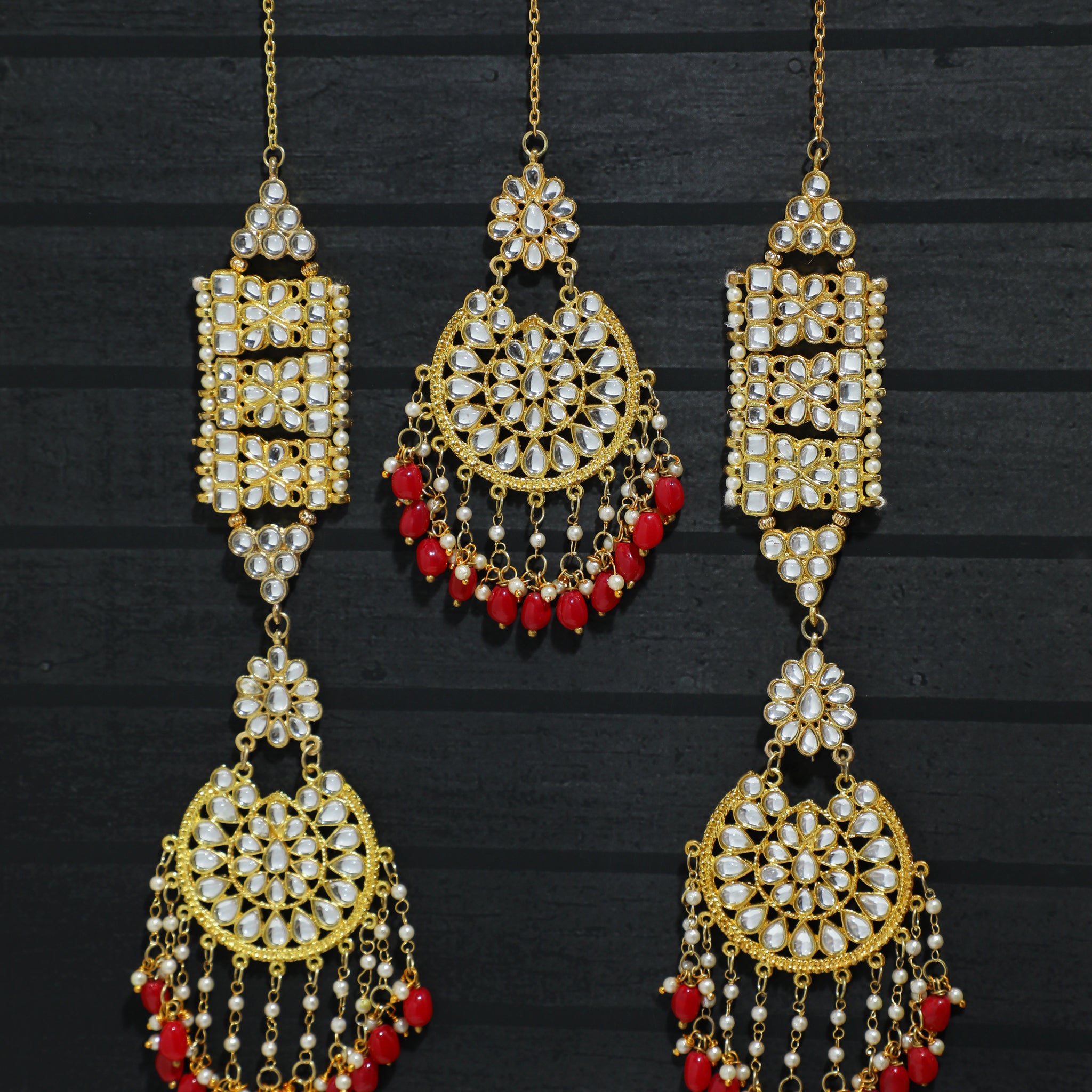 Kundan Gold Sahara Red Tassel Earrings with Maangtikka