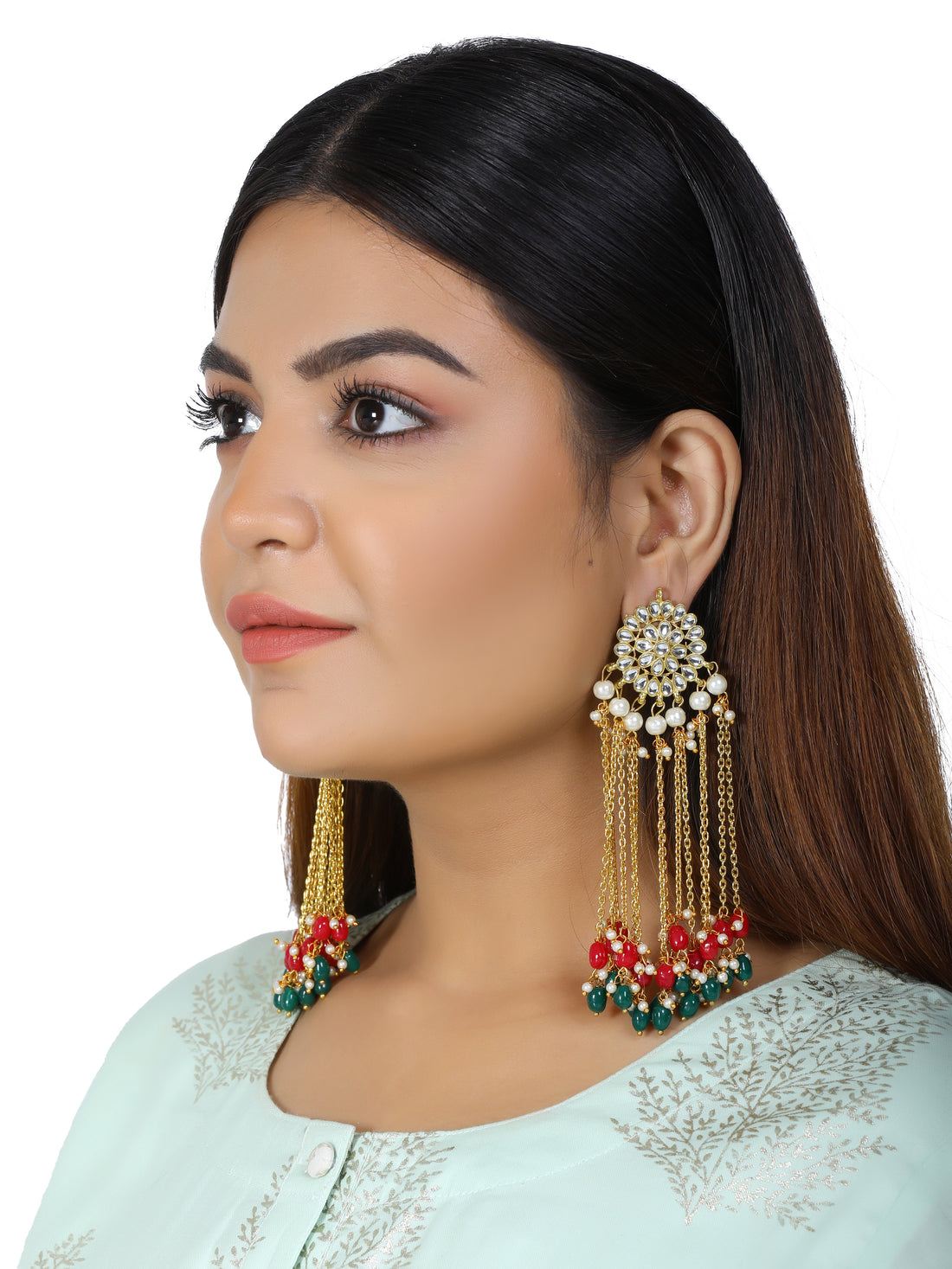 Kundan Red and Green Tassel Earrings