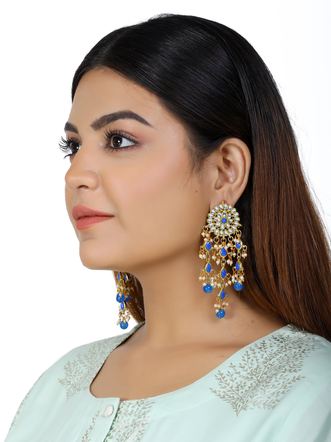 Kundan Blue Tassel Earrings