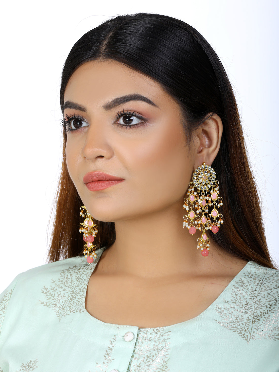 Kundan Peach Tassel Earrings