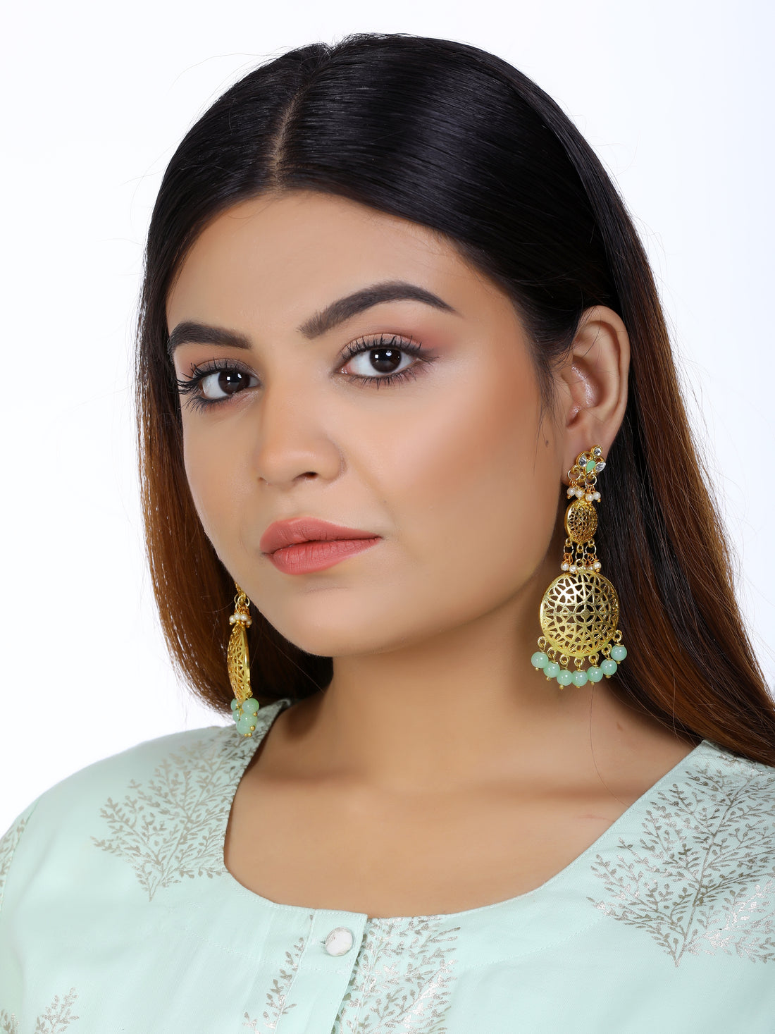 Kundan Gold Lime Green Earrings