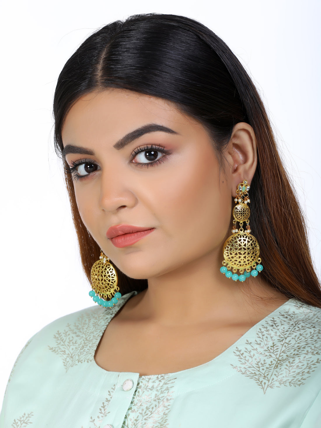 Kundan Gold Mint Blue Earrings