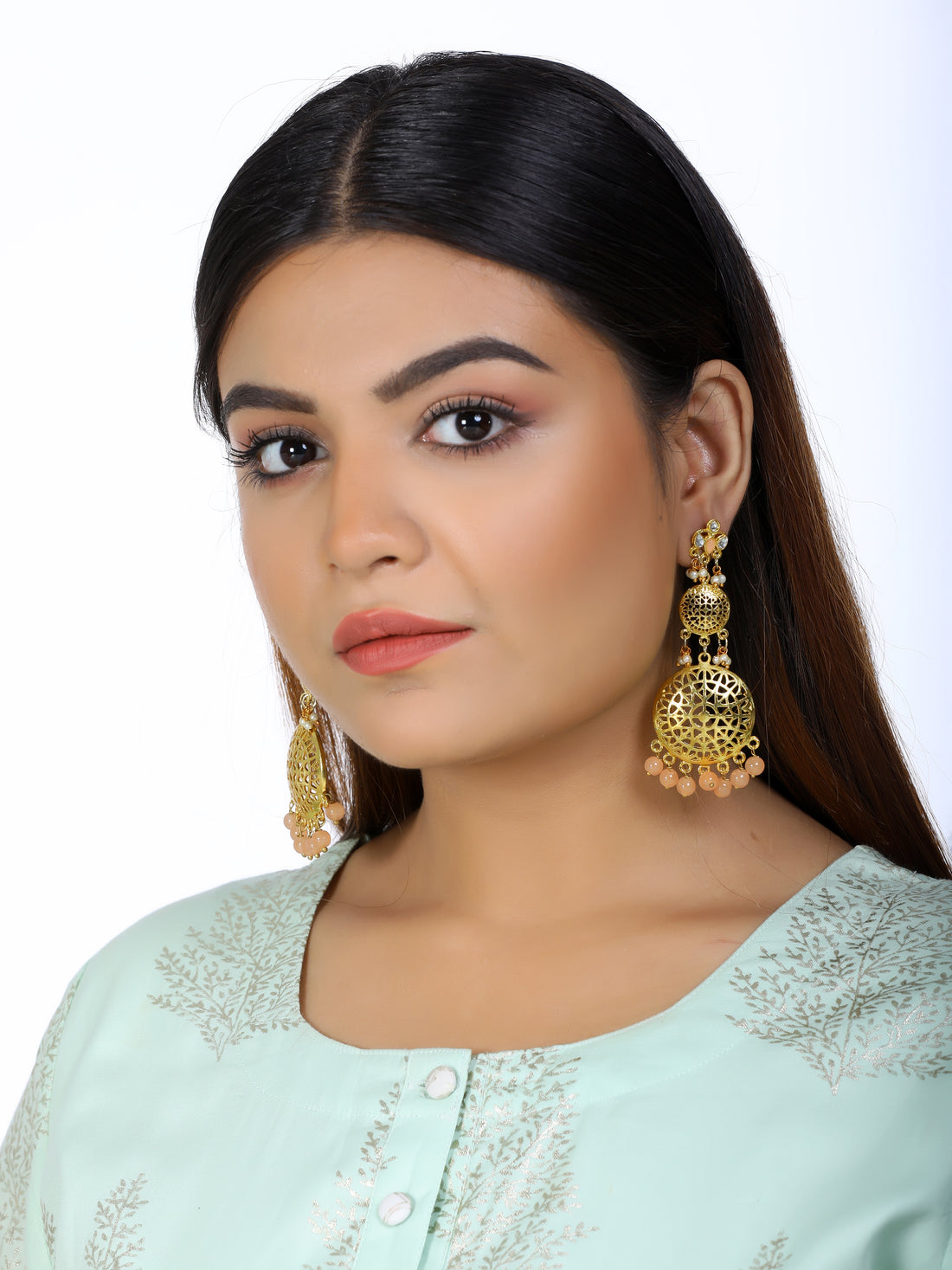 Kundan Gold Peach Earrings