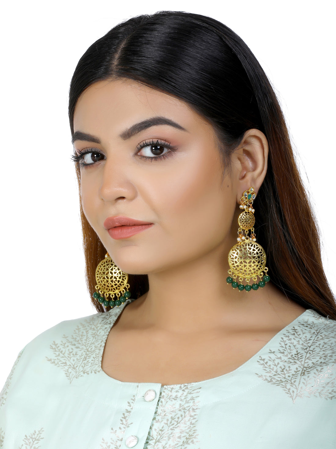 Kundan Gold Dark Green Earrings