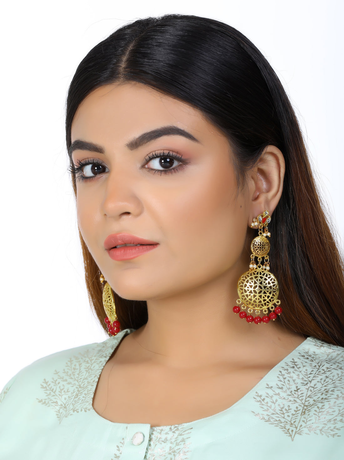 Kundan Gold Red Earrings