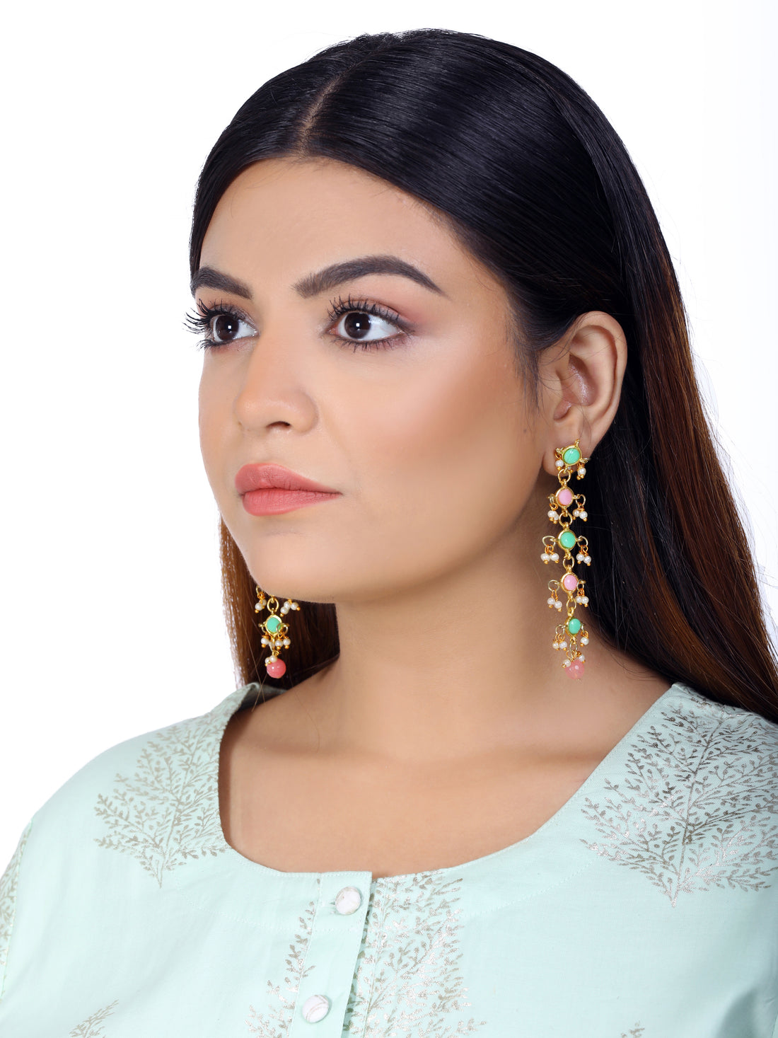 Peach and Lime Green Kundan Dangler Earrings