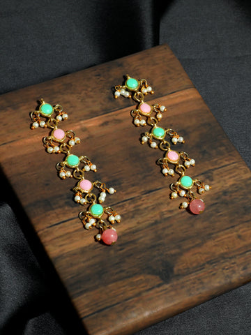 Peach and Lime Green Kundan Dangler Earrings