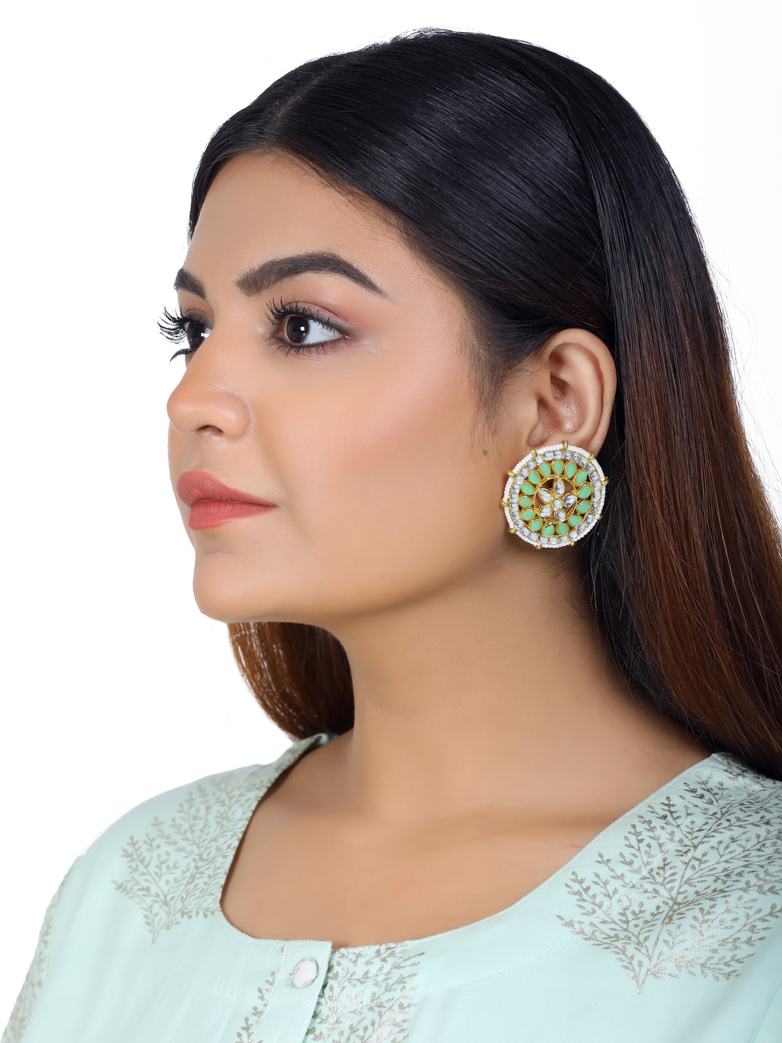 Kundan Pastel Lime Green Stud Earrings