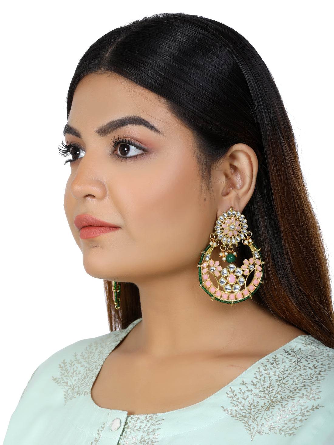 Kundan Peach and Green Chandbali Earrings