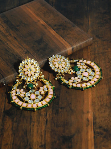 Kundan Peach and Green Chandbali Earrings