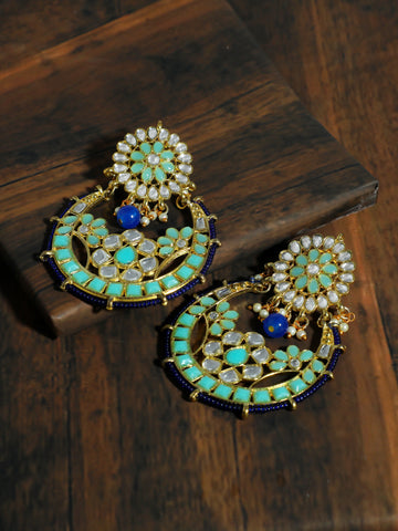 Kundan Blue Chandbali Earrings