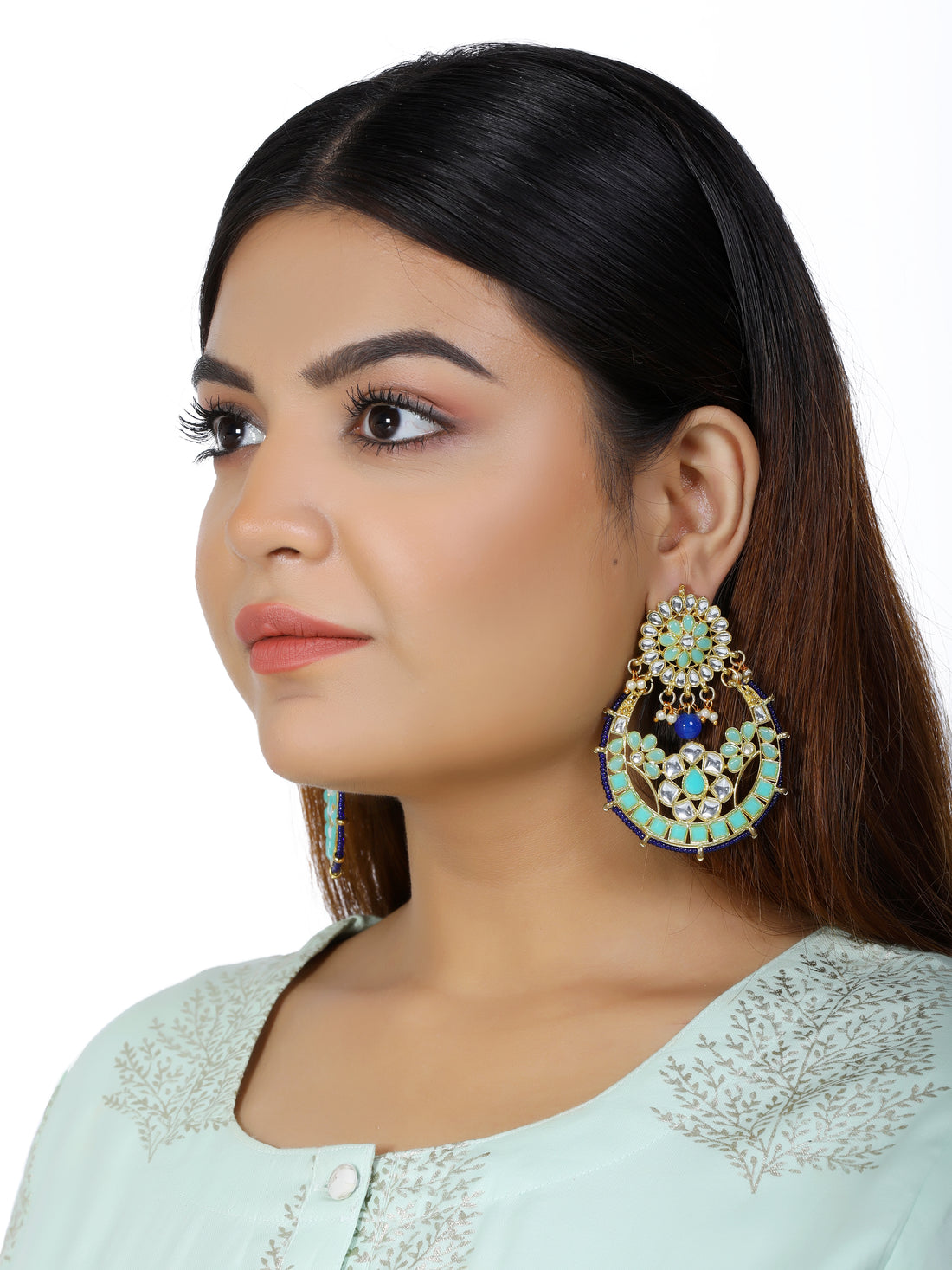 Kundan Blue Chandbali Earrings