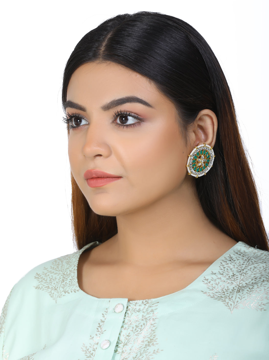 Kundan Green Stud Earrings