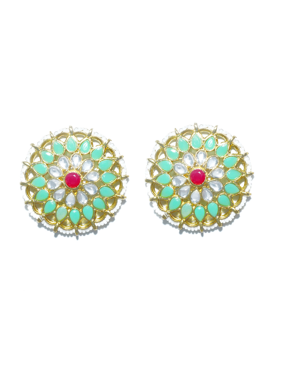 Kundan Pastel Lime Green with Red Stone Stud Earrings