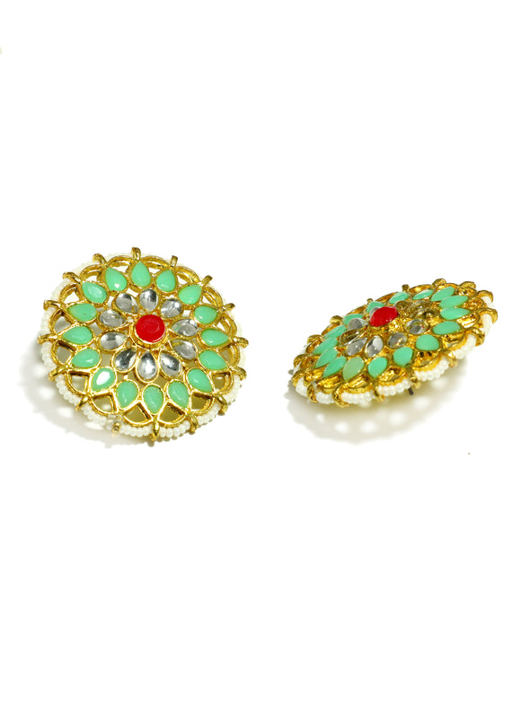 Kundan Pastel Lime Green with Red Stone Stud Earrings