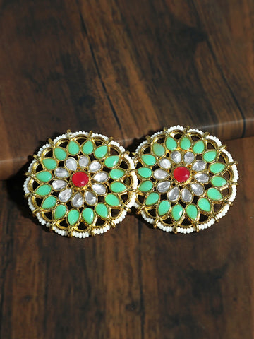 Kundan Pastel Lime Green with Red Stone Stud Earrings