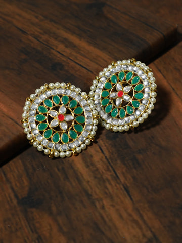 Kundan Pastel Green with Red Stone Stud Earrings