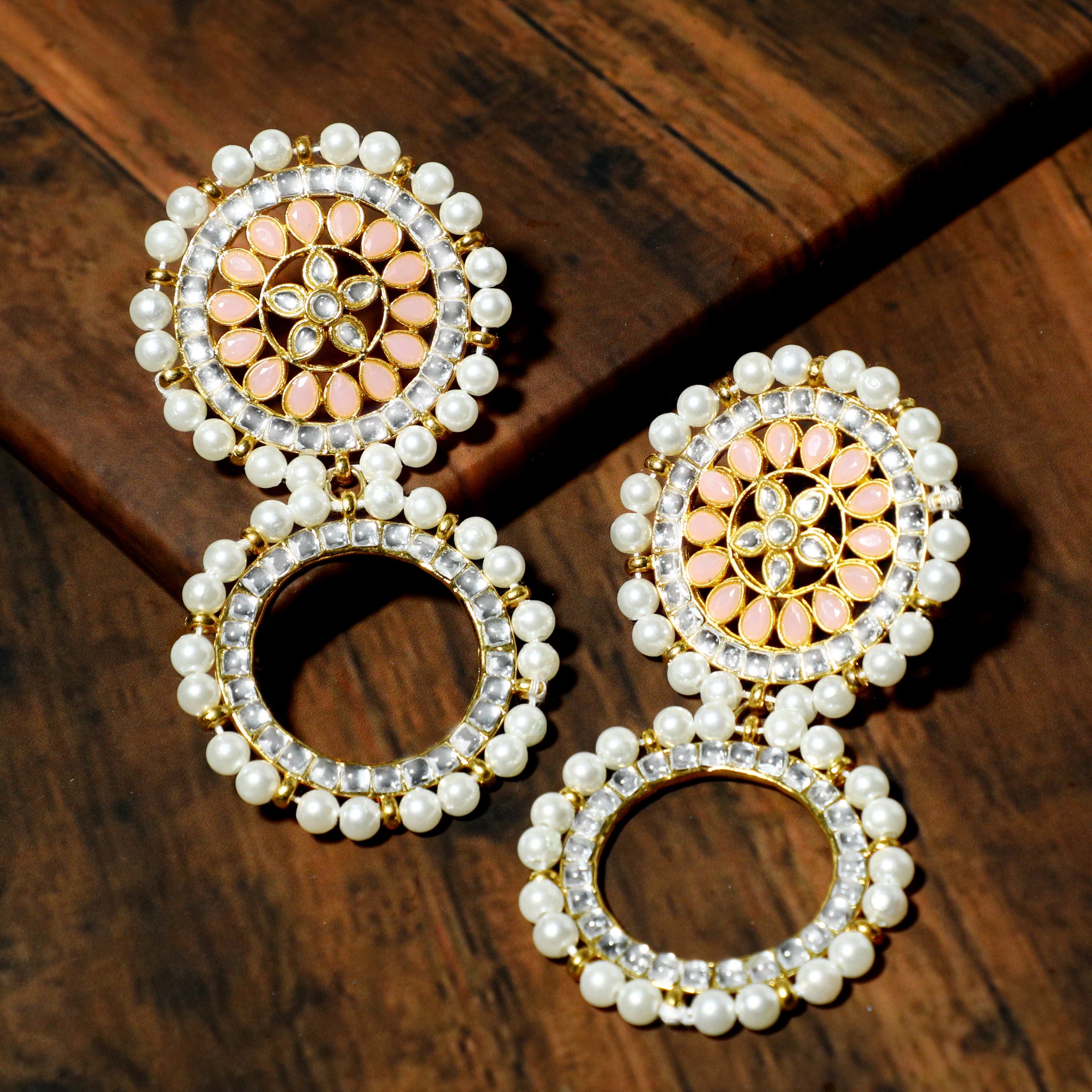 Peach Stone Studded Kundan Hoop Earring with White Pearls Detailing