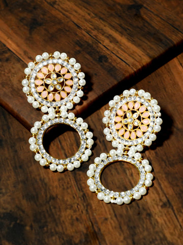 Peach Stone Studded Kundan Hoop Earring with White Pearls Detailing