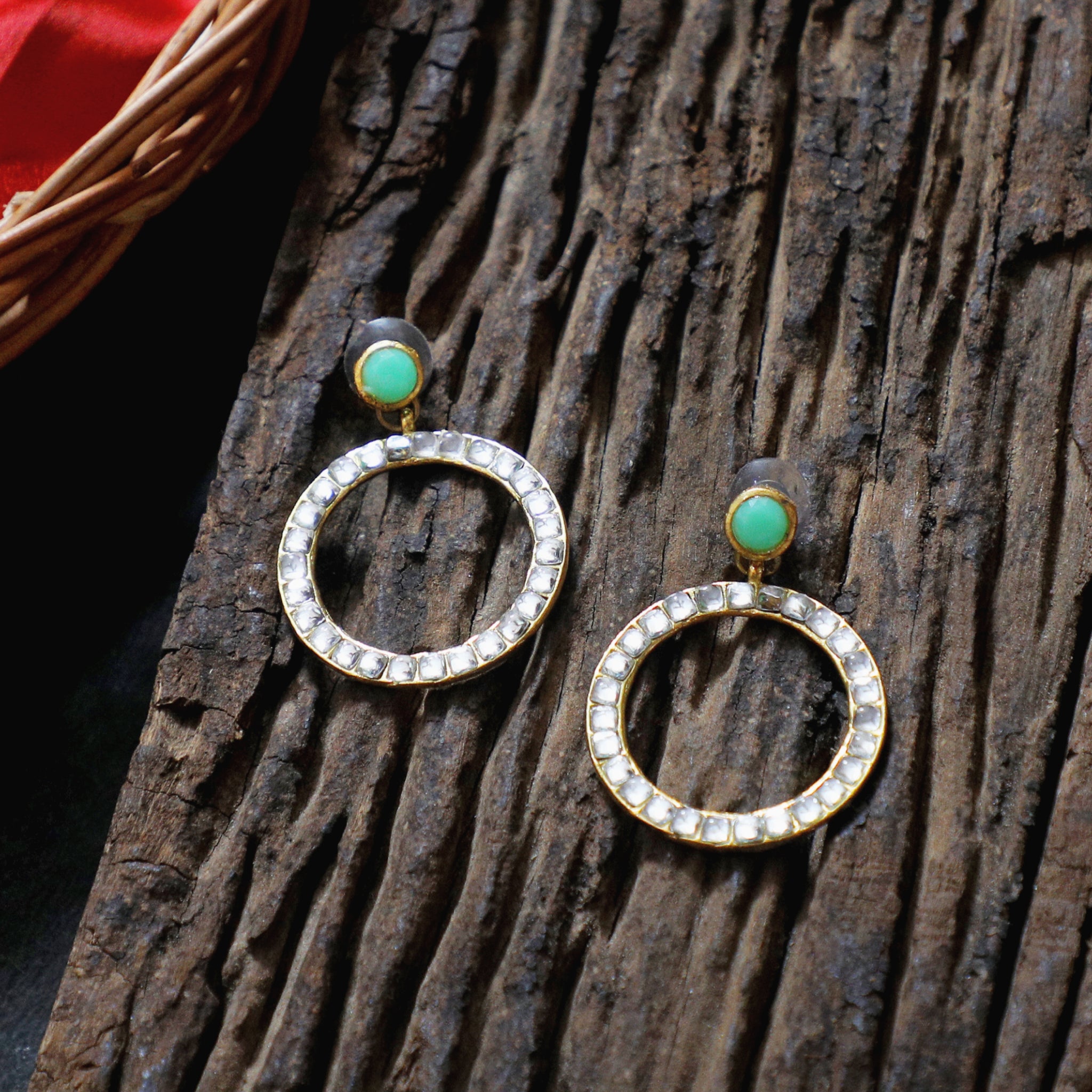 Kundan Hoop Earrings with Lime Green Stone