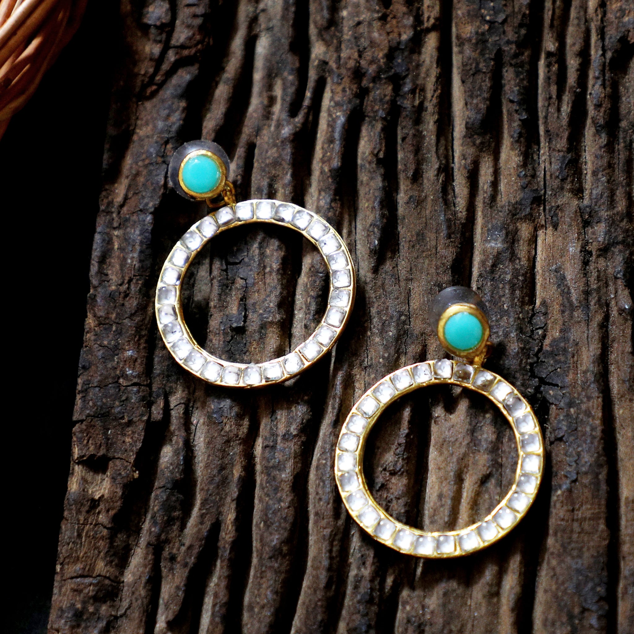 Kundan Hoop Earrings with Aqua Stone