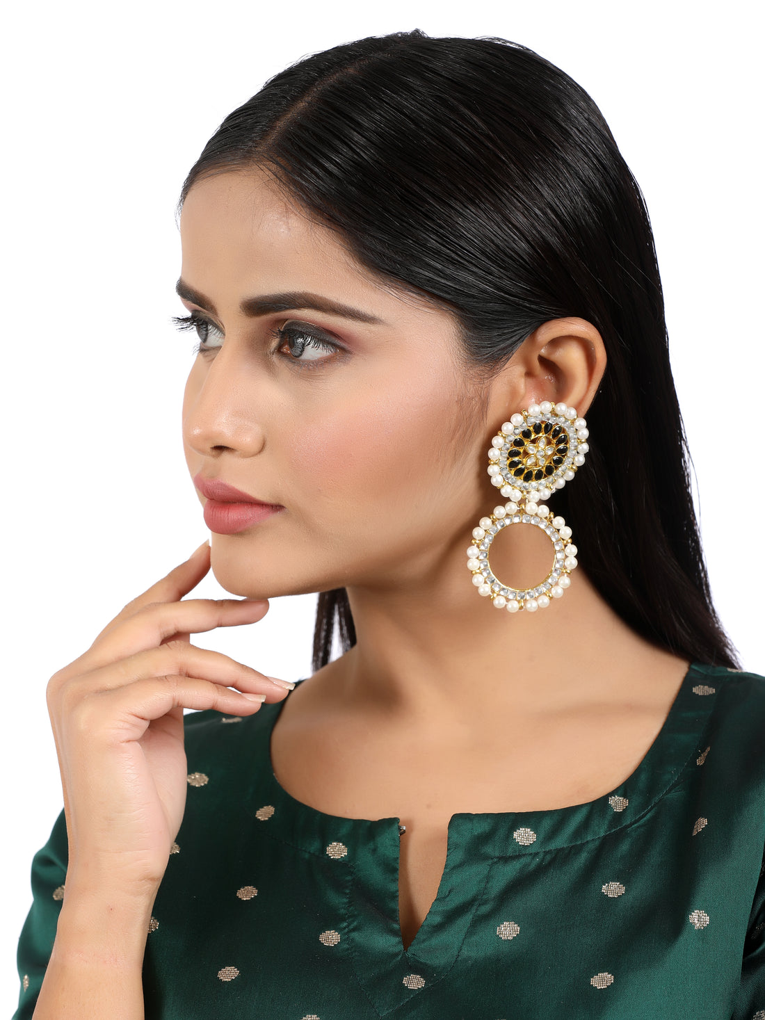 Black Stone Studded Kundan Hoop Earring with White Pearls Detailing