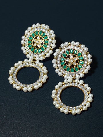 Green Kundan Hoop Earring with White Pearl Detailing