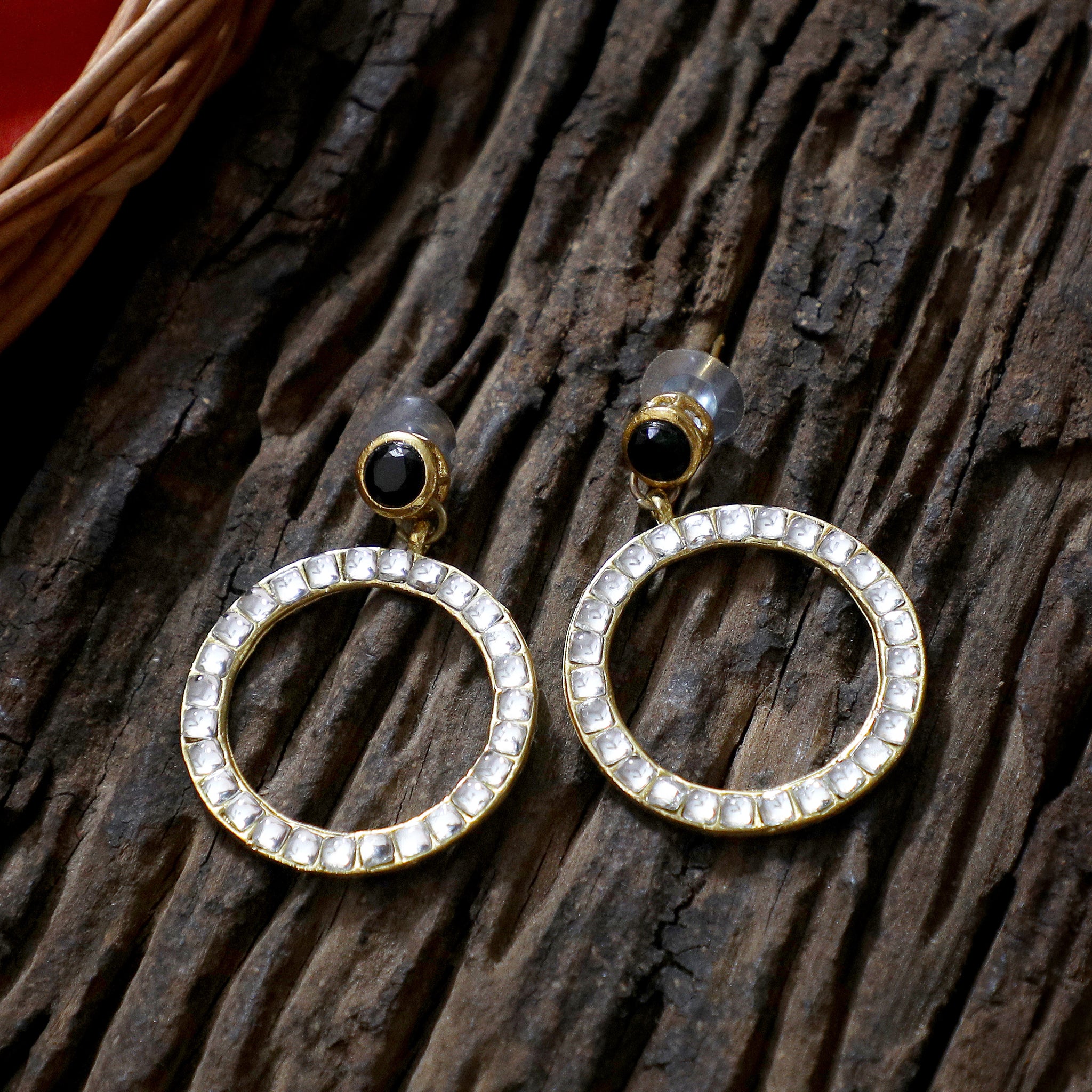 Kundan Hoop Earrings with Black Stone