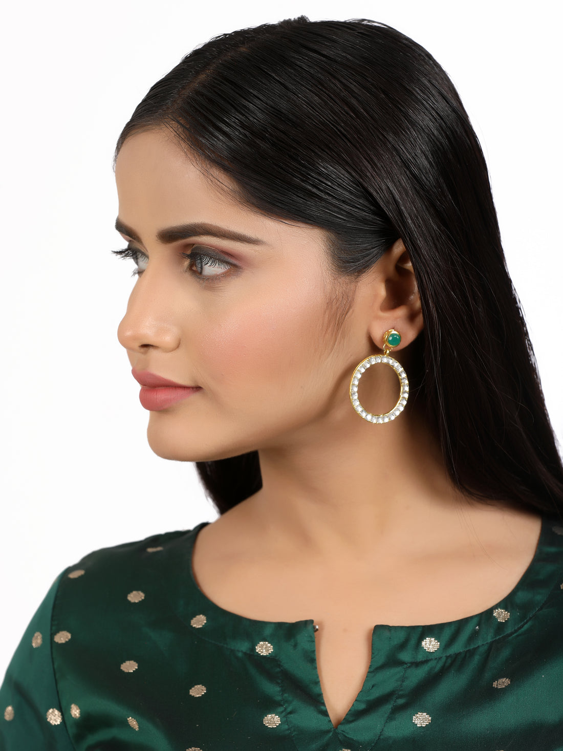 Kundan Hoop Earrings with Green Stone