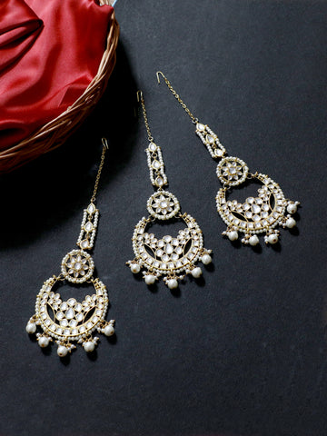 Gold Plated Pearl Beads Kundan Chandbali Earring with Maangtikka