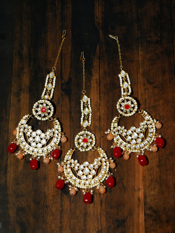 Gold Plated Ruby and Peach Beads Kundan Chandbali Earring with Maangtikka