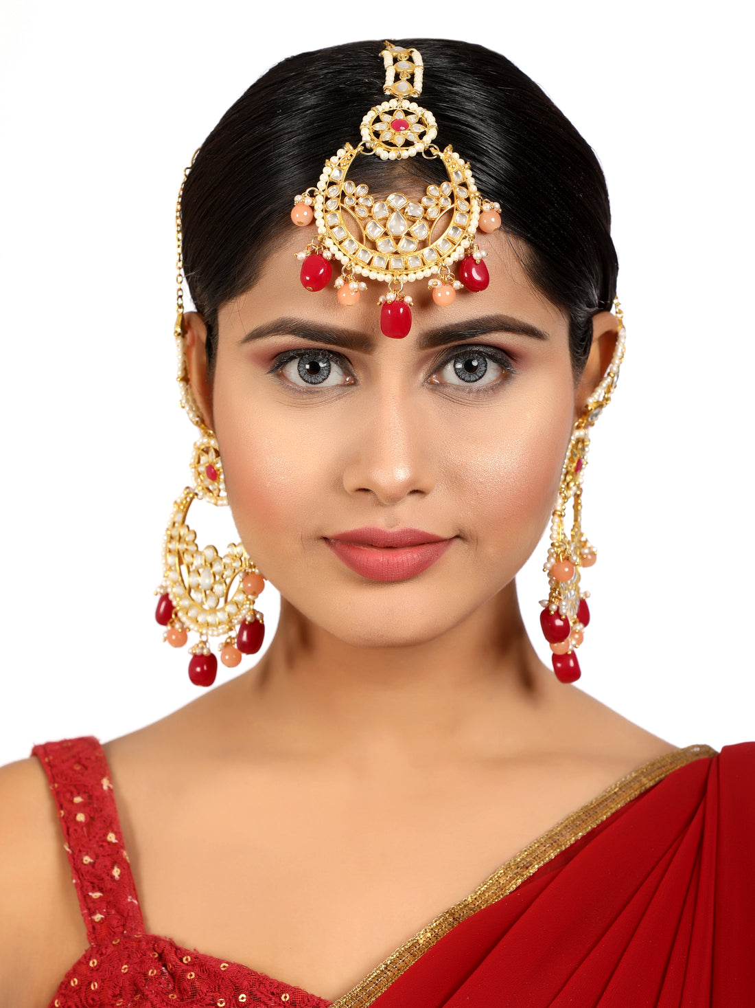 Gold Plated Ruby and Peach Beads Kundan Chandbali Earring with Maangtikka