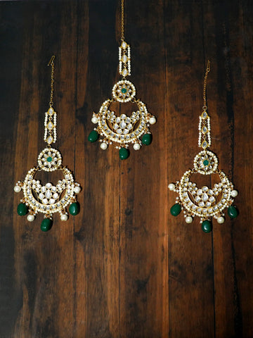 Gold Plated Green and Pearl Beads Kundan Chandbali Earrings with Maangtikka