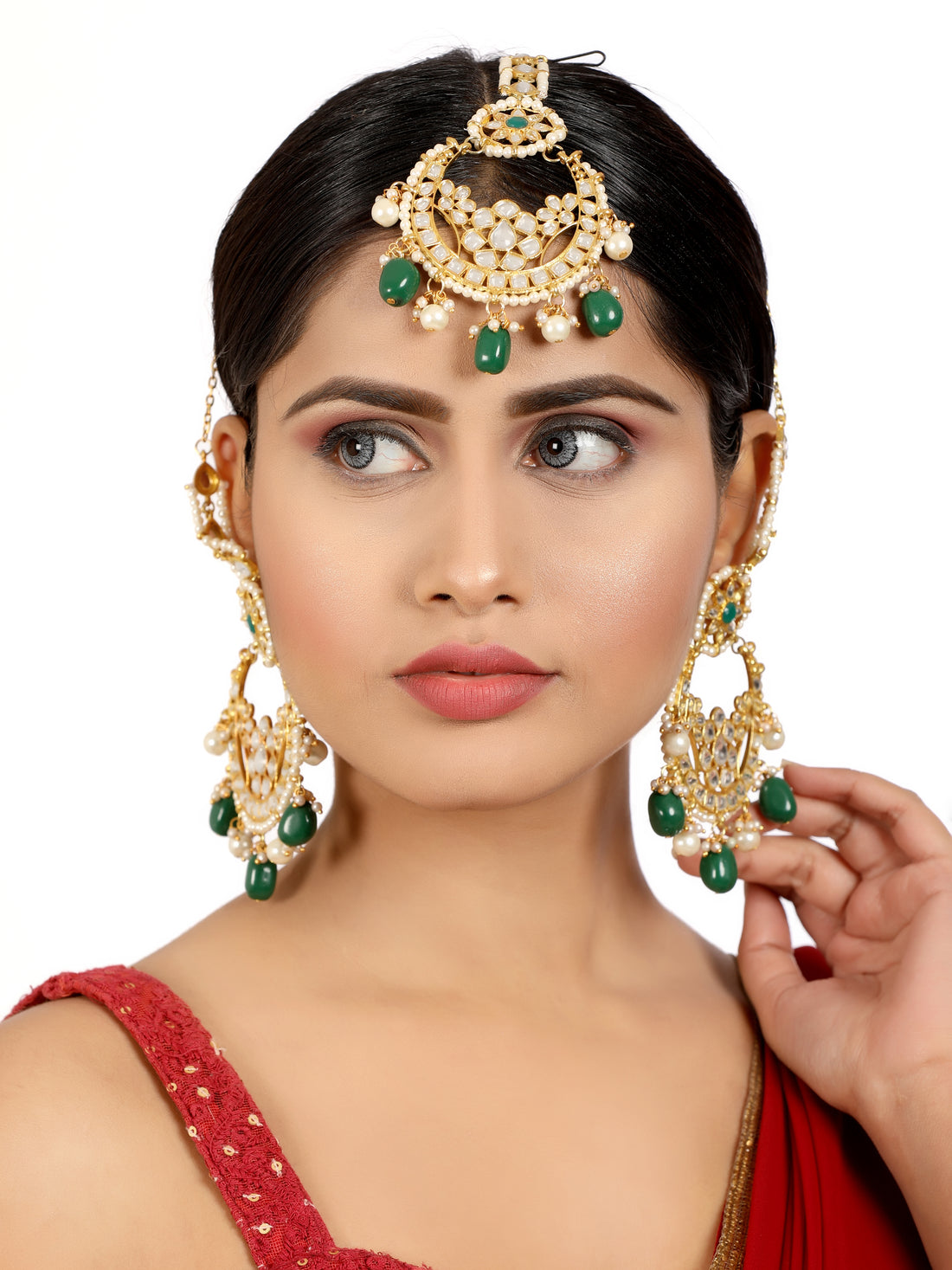 Gold Plated Green and Pearl Beads Kundan Chandbali Earrings with Maangtikka