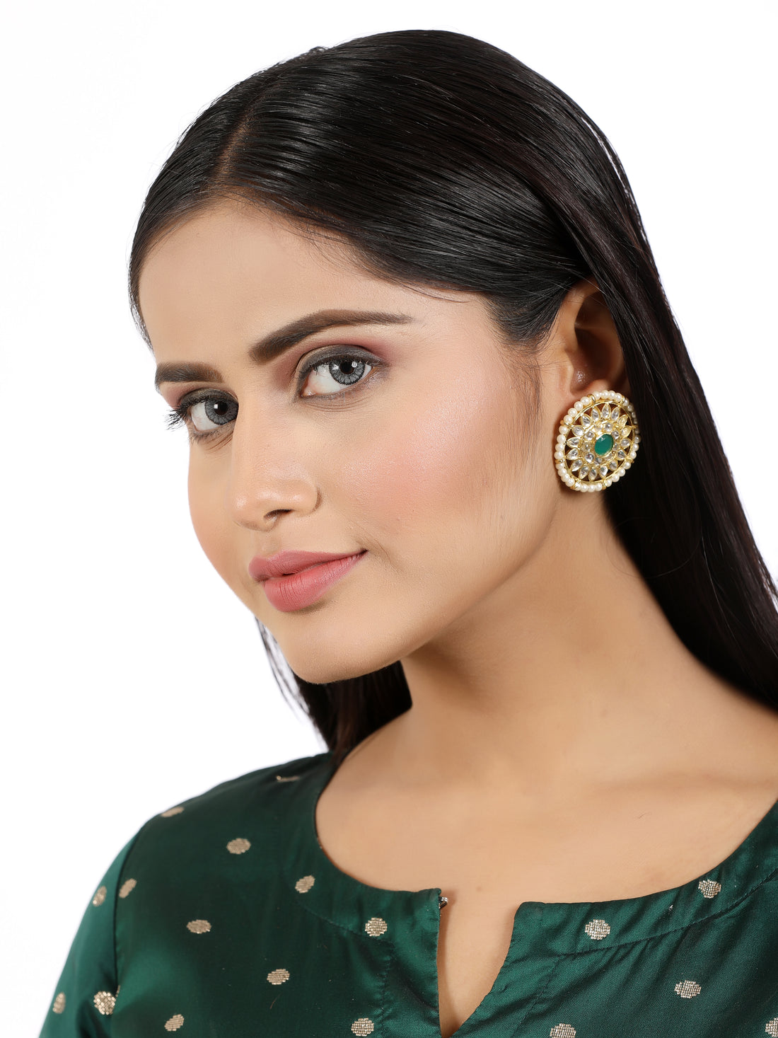 Kundan Stud Earrings with Green Stones