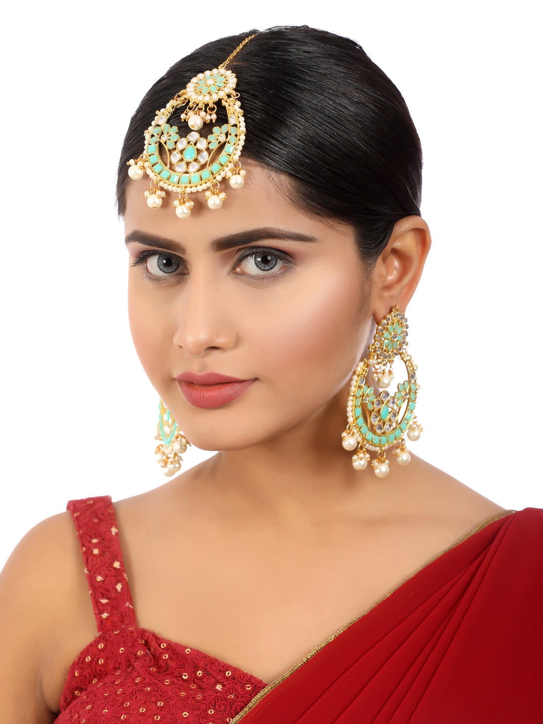 Gold Plated Pearl Beads Mint Green Kundan Chandbali Earrings with Maangtikka