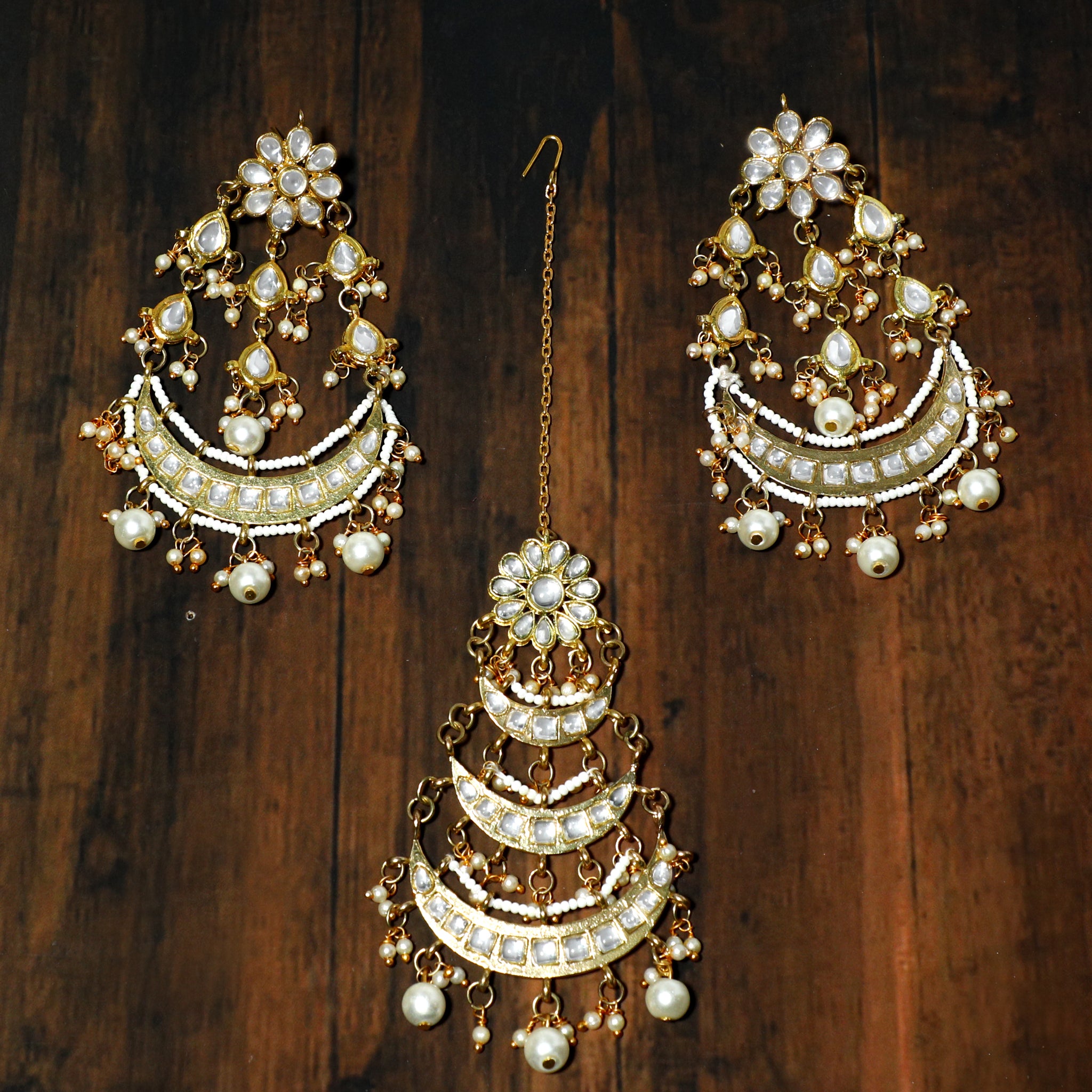 Gold Plated Pearl Beads Kundan Chandbali Earrings with Maangtikka