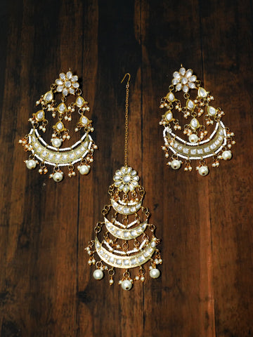 Gold Plated Pearl Beads Kundan Chandbali Earrings with Maangtikka