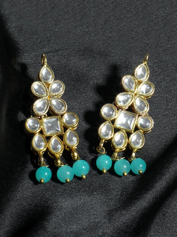 Gold Plated Mint Blue Beads Kundan Dangler Earrings for Women