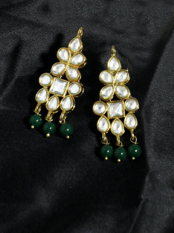 Gold Plated Green Beads Kundan Dangler Earrings for Women