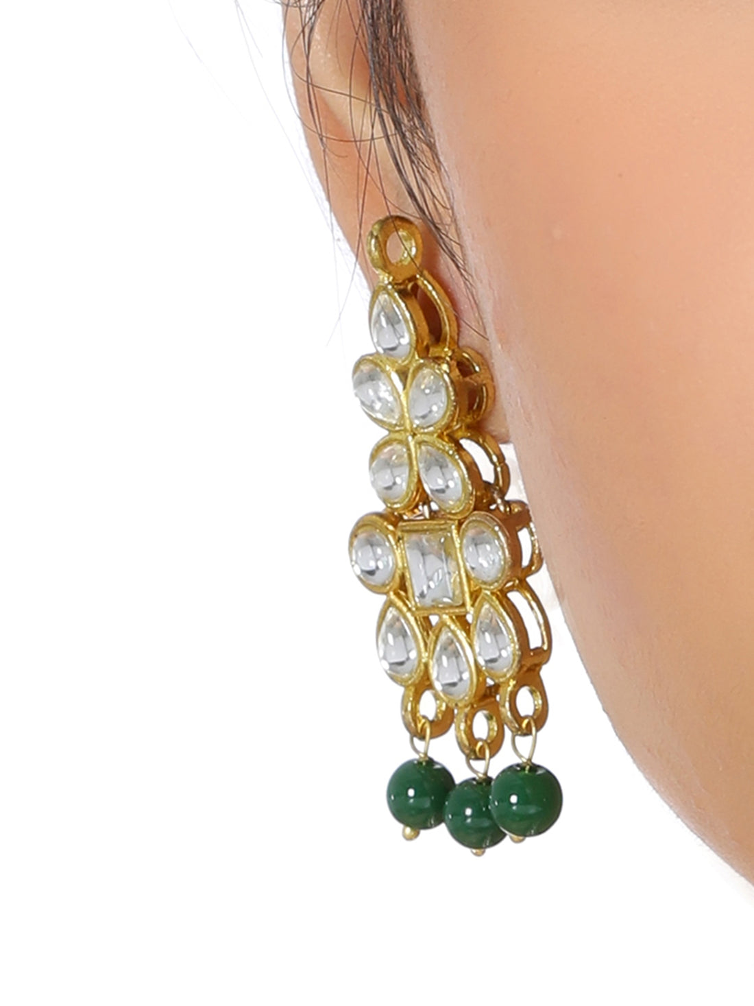 Gold Plated Green Beads Kundan Dangler Earrings for Women