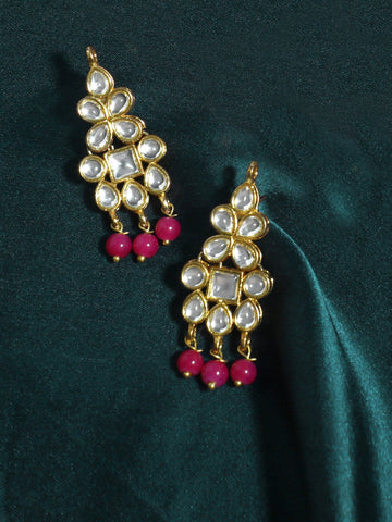 Gold Plated Pink Beads Kundan Dangler Earrings for Women