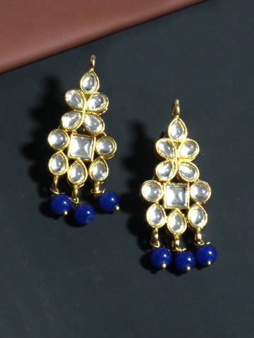 Gold Plated Blue Beads Kundan Dangler Earrings for Women