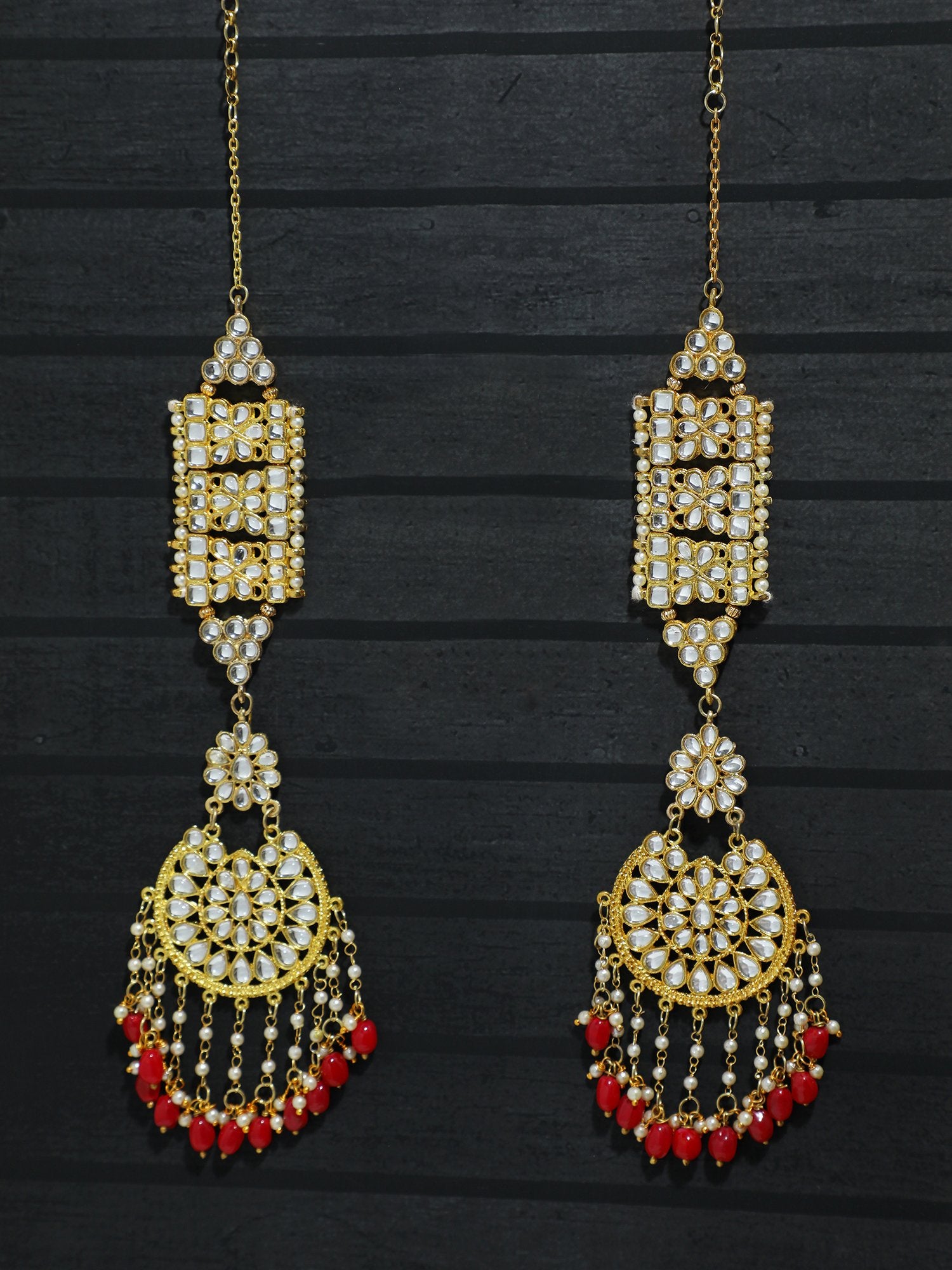 Gold Plated Red Drops Kundan Kaanchain Earrings for Women