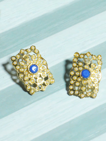 Gold Plated Blue Kundan Stud Earrings for Women