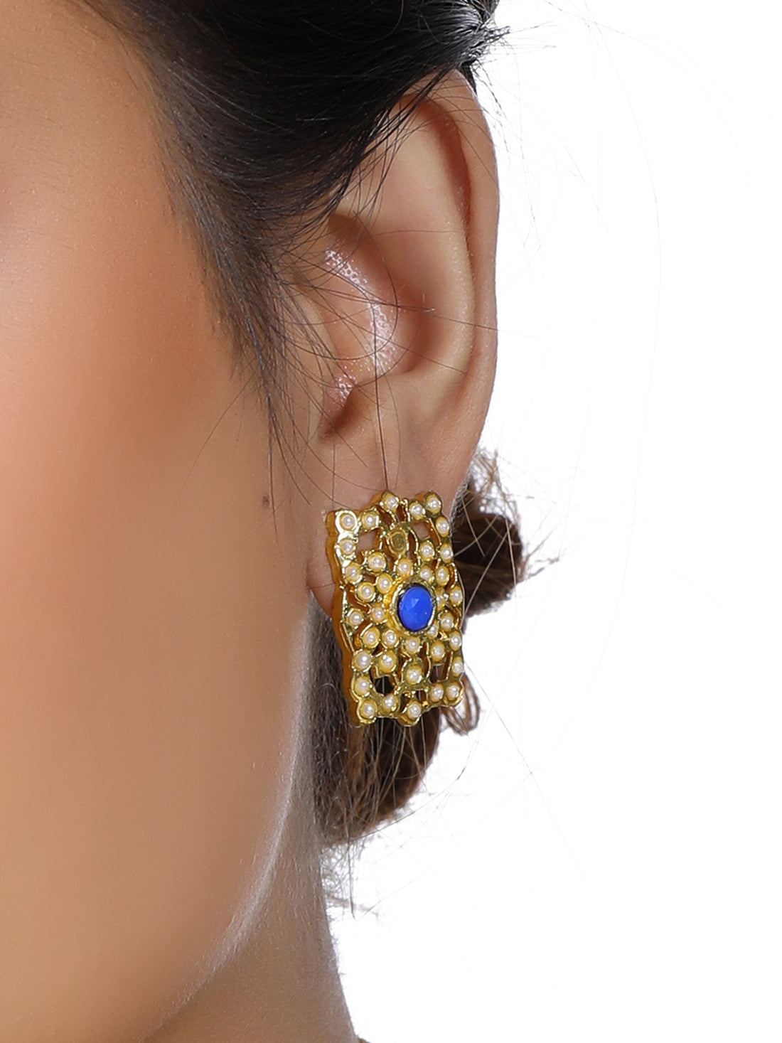 Gold Plated Blue Kundan Stud Earrings for Women