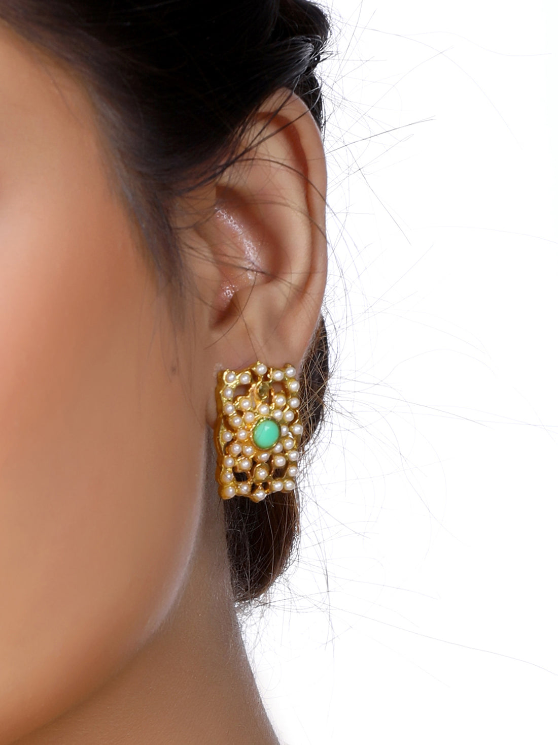 Gold Plated Mint Green Kundan Stud Earrings for Women